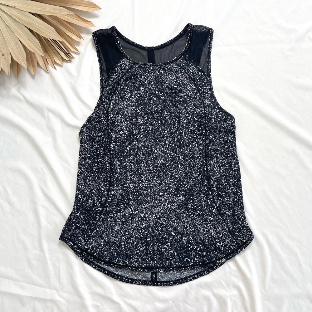 Lululemon Athletica Sculpt Splatter White Black Paint Spots Mesh Tank Top Size